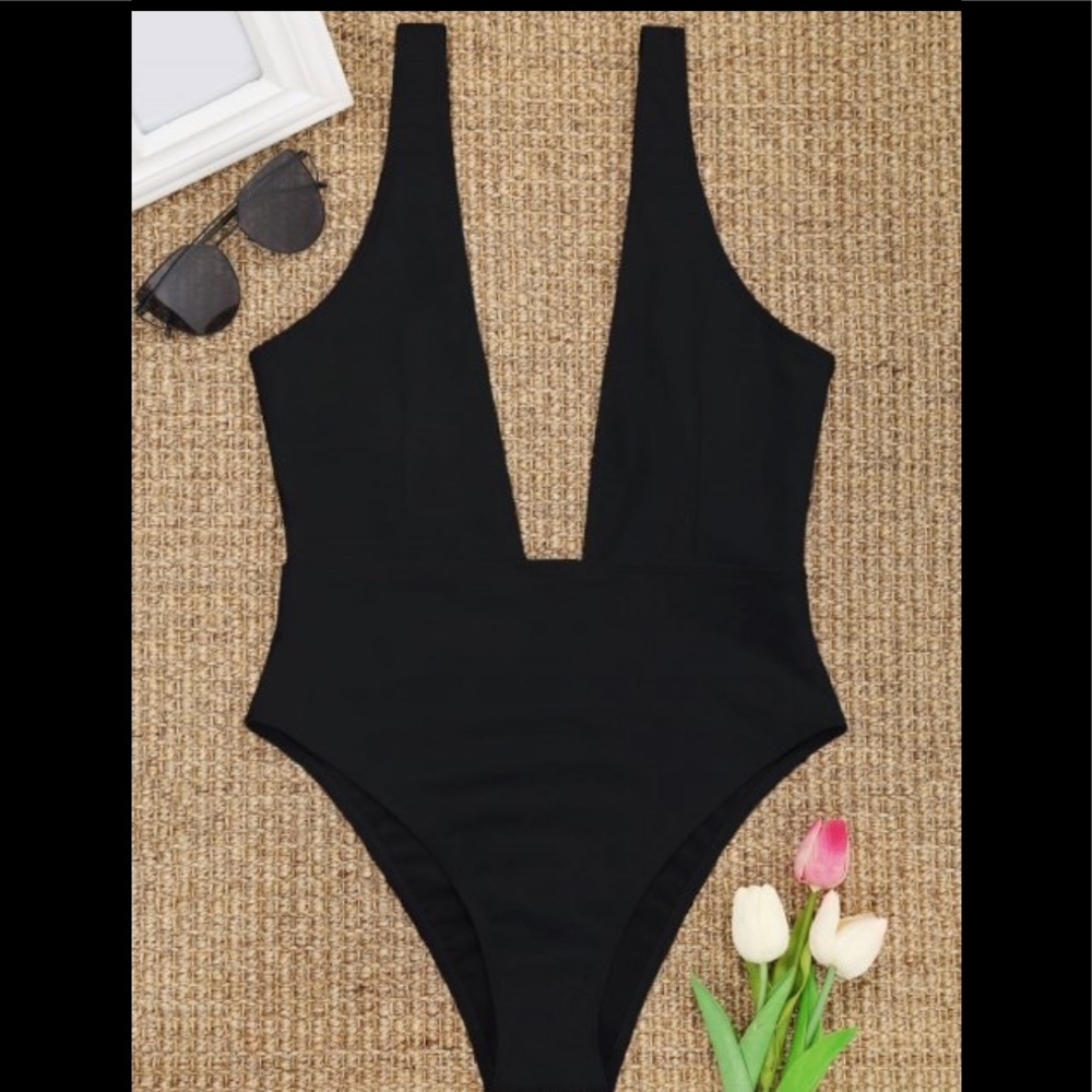 High Cut Plunge Neck Swimsuit